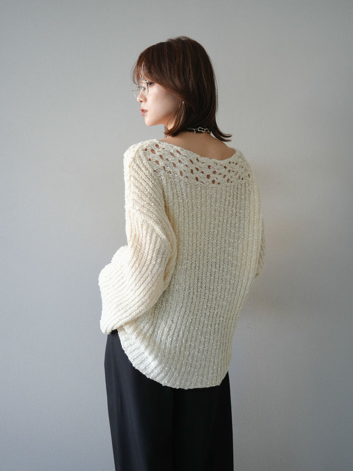 [予約]ボートネック透かし編みニットプルオーバー/white