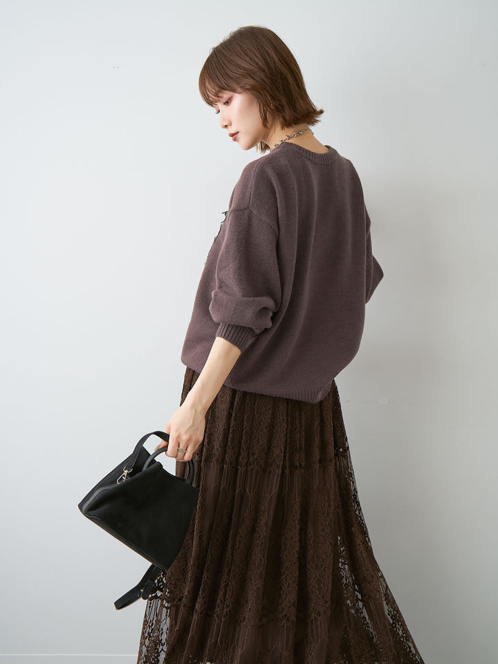 [SET]アルパカタッチ刺繍レースロゴニットプルオーバー+選べるアクセセット(2set)