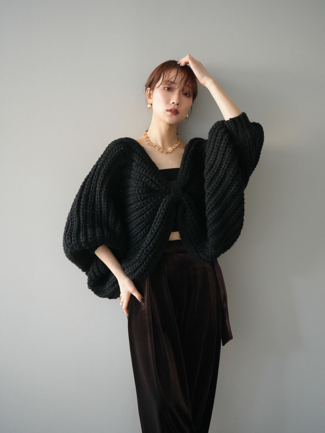 [SET]ローゲージ畦編みドルマンニットボレロ+選べるアクセセット(2set)