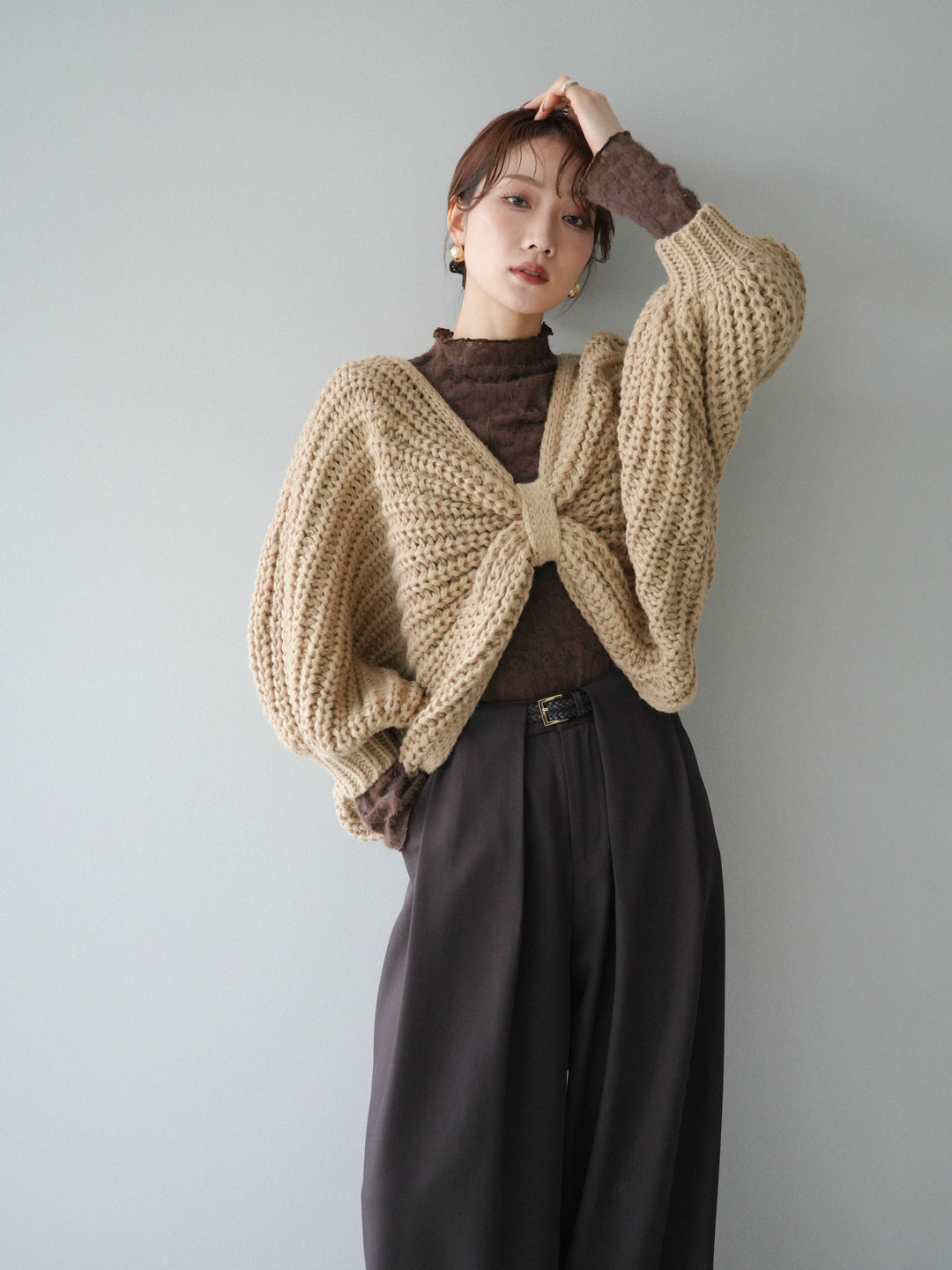 [SET]ローゲージ畦編みドルマンニットボレロ+起毛レースプチネックトップス+ベルトループデザインワイドパンツM(3set)