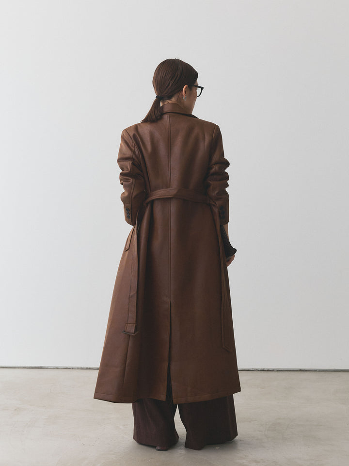 【Allure】[SET]デザインリブハーフニットトップス+ヴィンテージレザートレンチコート(2set)