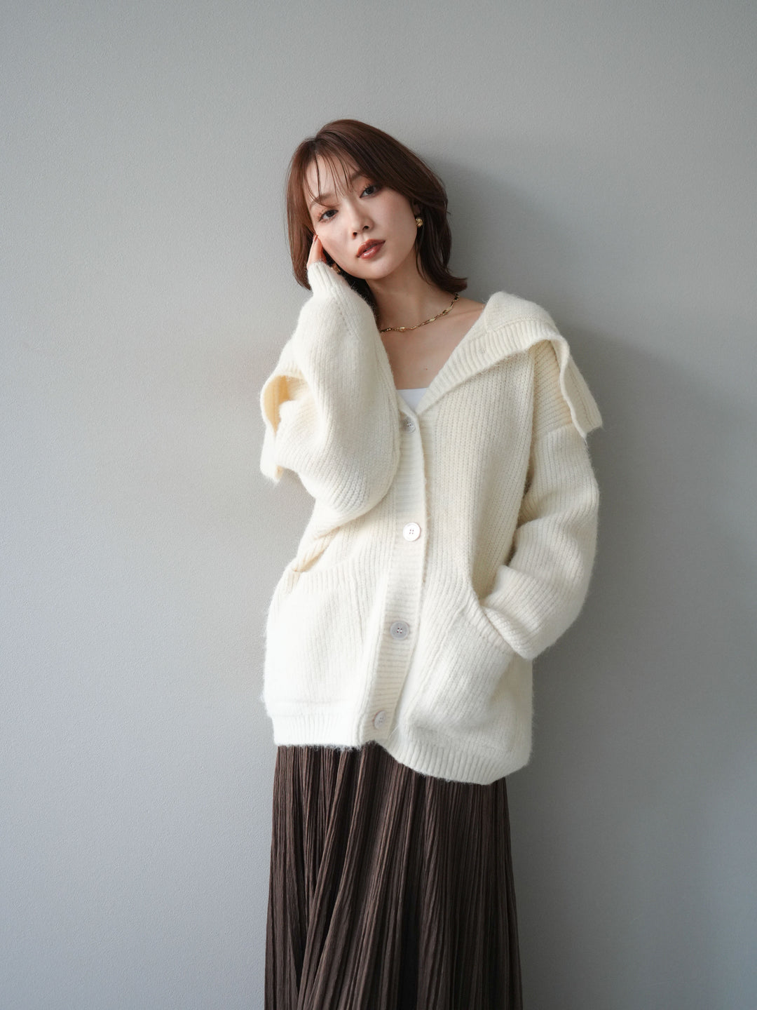 [予約]襟付きボタンオーバーニットカーディガン/ivory