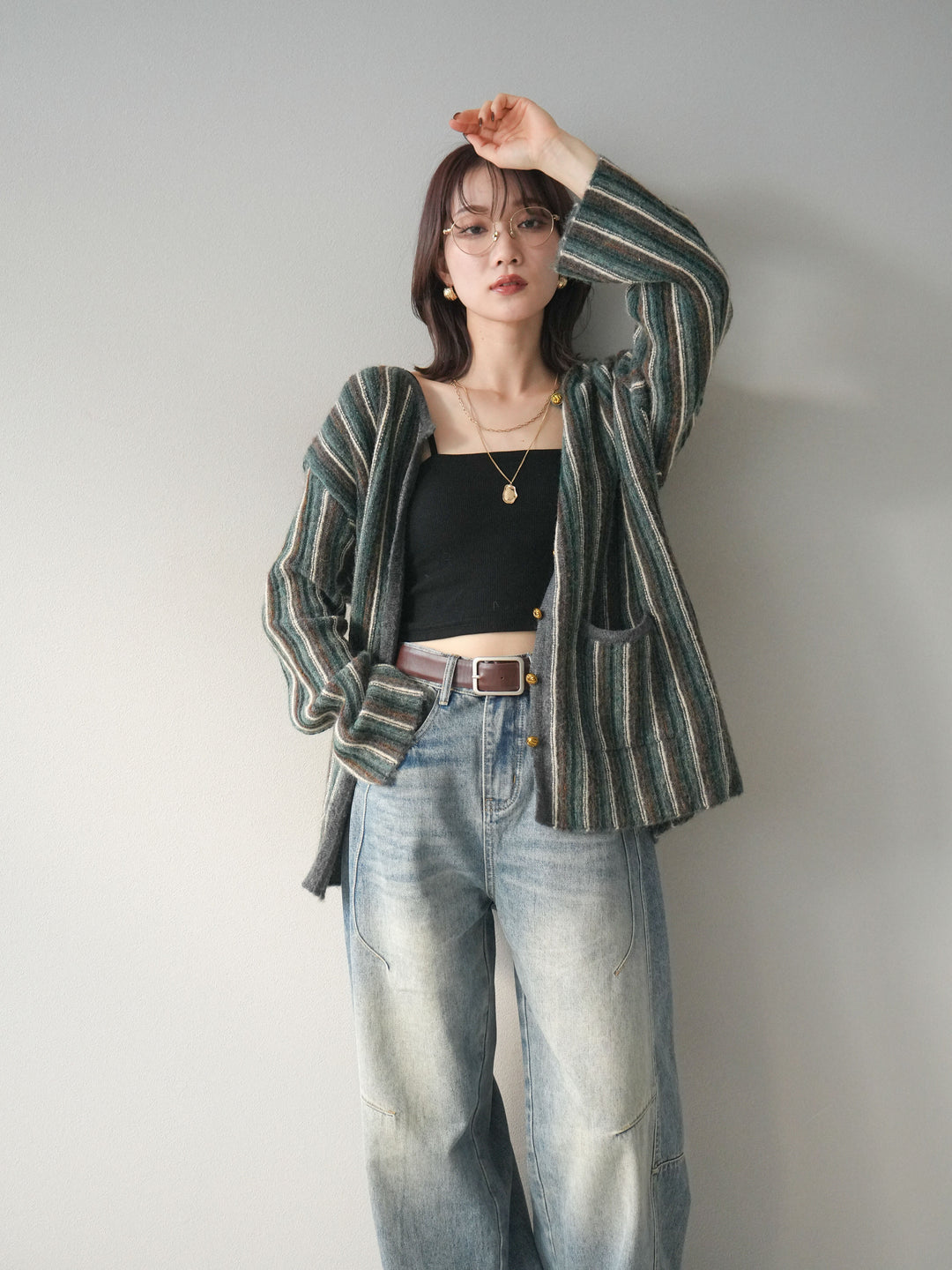 [予約]アンティークボタンストライプニットカーディガン/charcoal