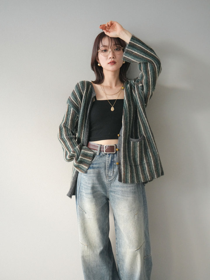 [予約]アンティークボタンストライプニットカーディガン/charcoal