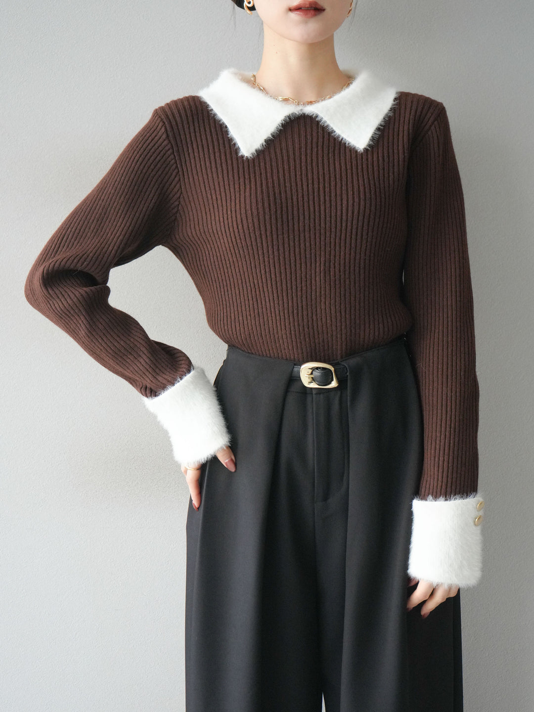 [SET]シャギー襟リブニットトップス+ベルトループデザインワイドパンツ(2set)