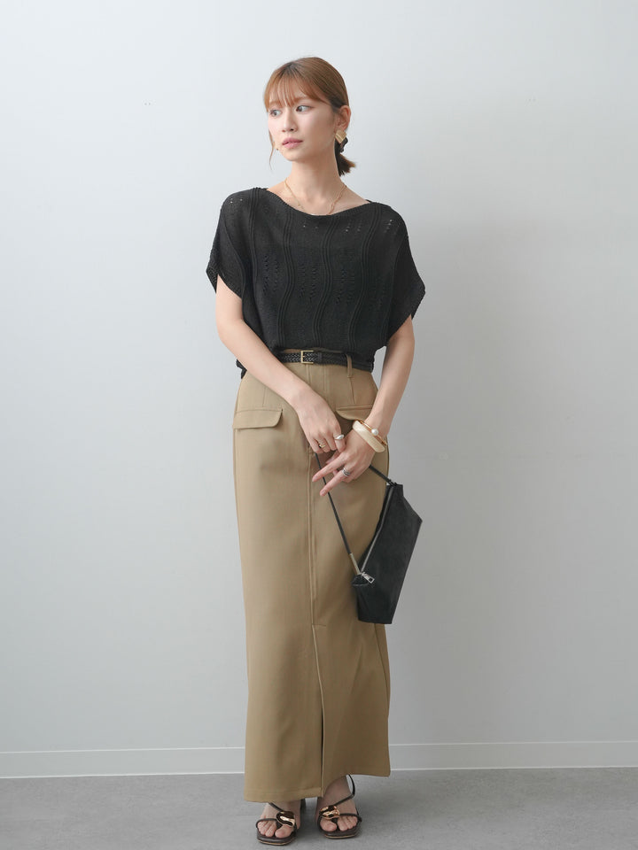 [SET]アイレットサマーニットトップス+クレープデシンフラップ付きストレートスカート(2set)