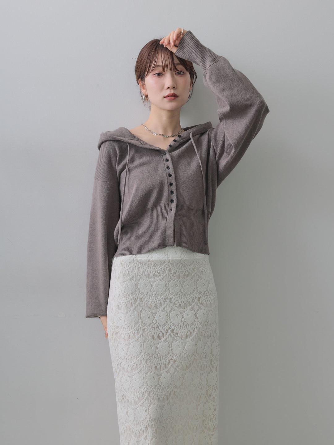 【套裝】蓬鬆袖連帽針織開襟衫 + 蓬鬆袖連帽針織開襟衫（兩件套）