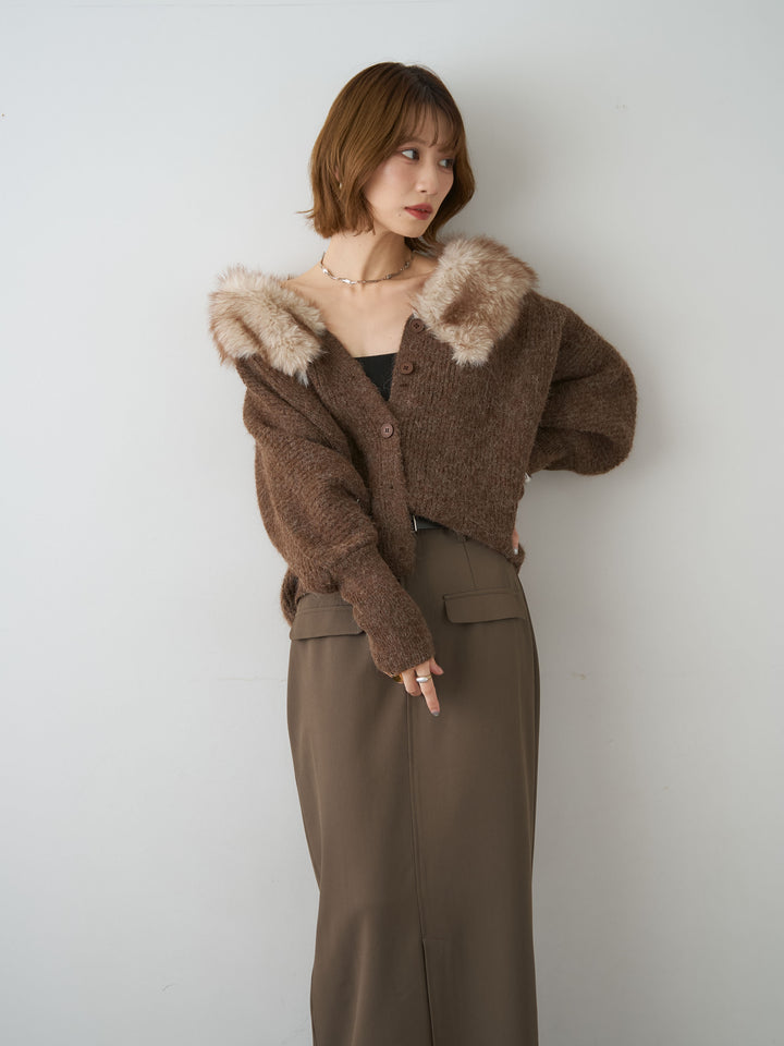 [予約]ファーカラードルマンリブニットカーディガン/brown