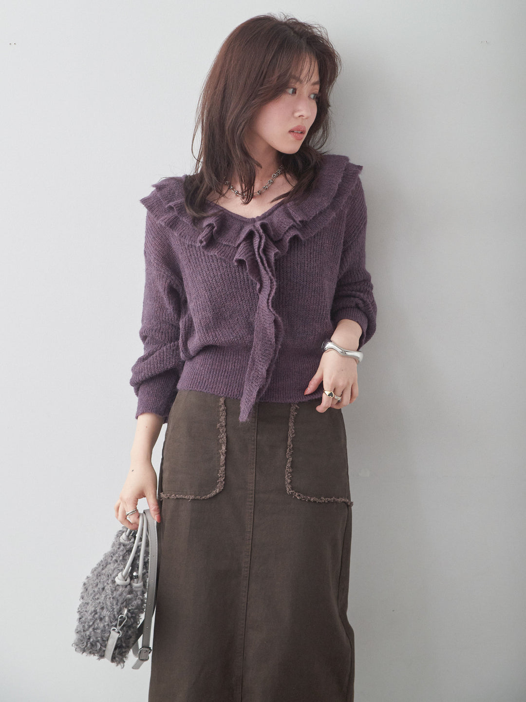 【預購】荷葉邊領馬海毛針織上衣/紫色