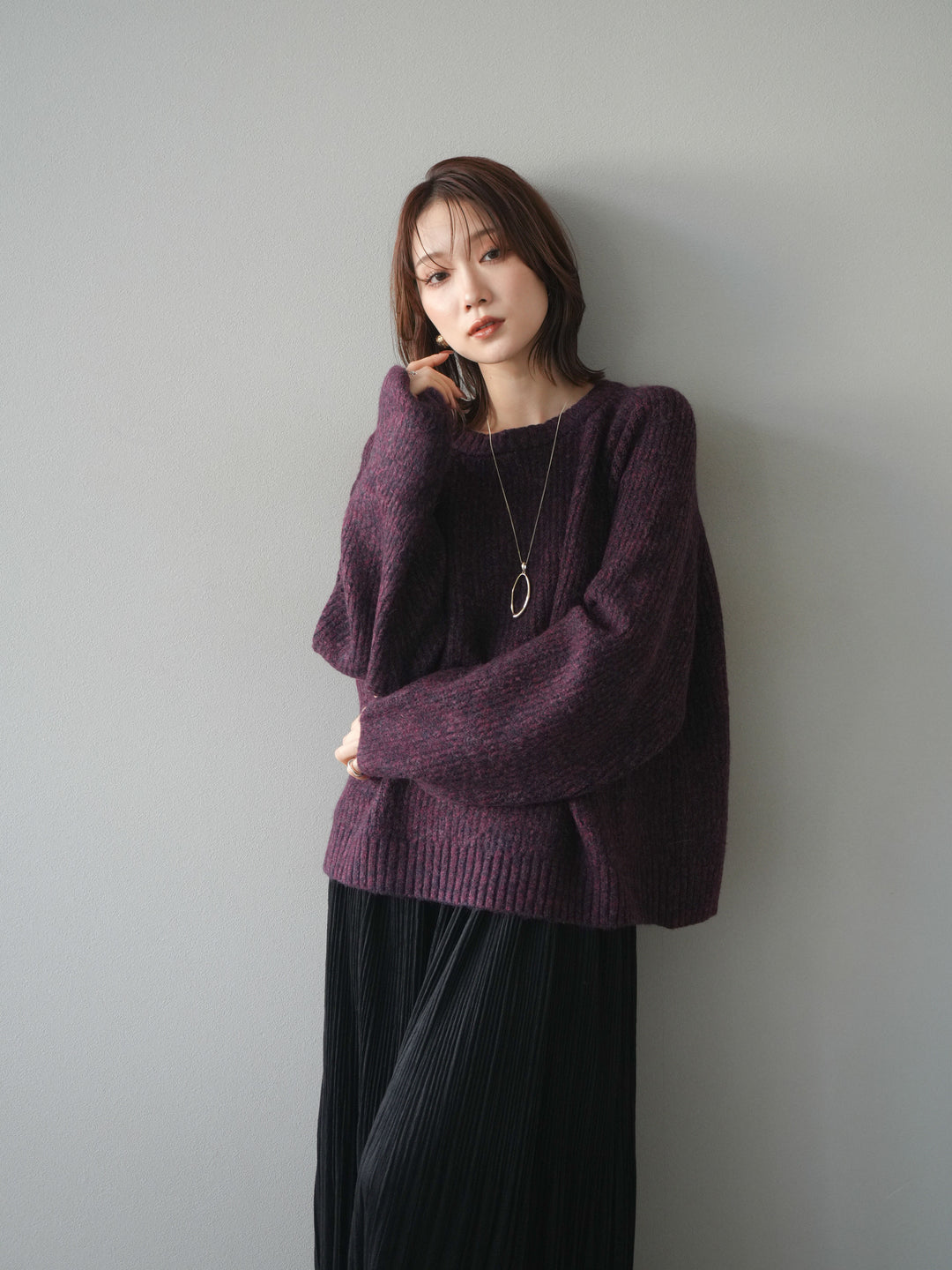 [予約]クルーネック畦編みミックスニット/bordeaux