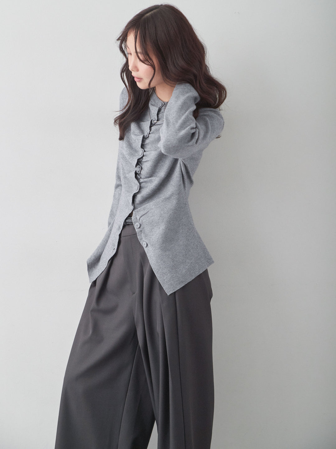 [SET]フロントギャザーカーディガン+ツイルタックワイドパンツ(2set)