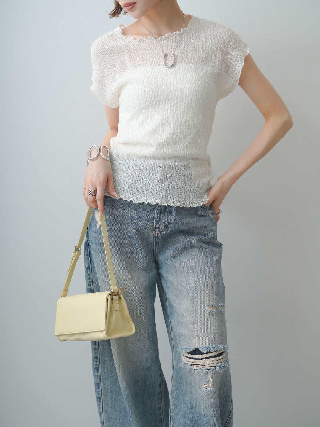 [SET]シャーリングシアーバックオープンフレンチトップス+ダメージデニムセミワイドパンツ(2set)