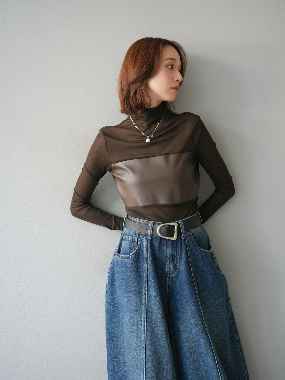 [予約]レザー切替プチネックシアートップス/khaki