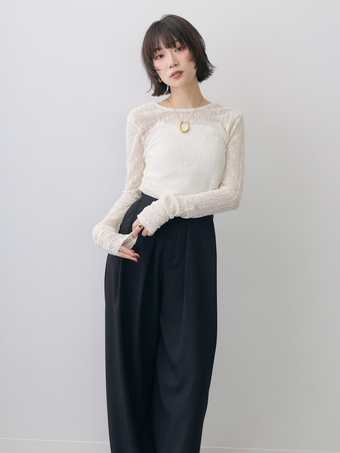 [SET]メッシュレースバックオープントップス+ベルトループデザインワイドパンツ(2set)