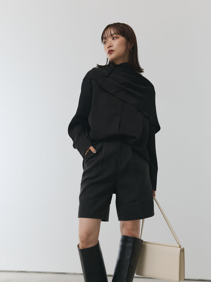 【Allure】[SET]ケープ付サテンシャツ+ウールライクハーフパンツ(2set)