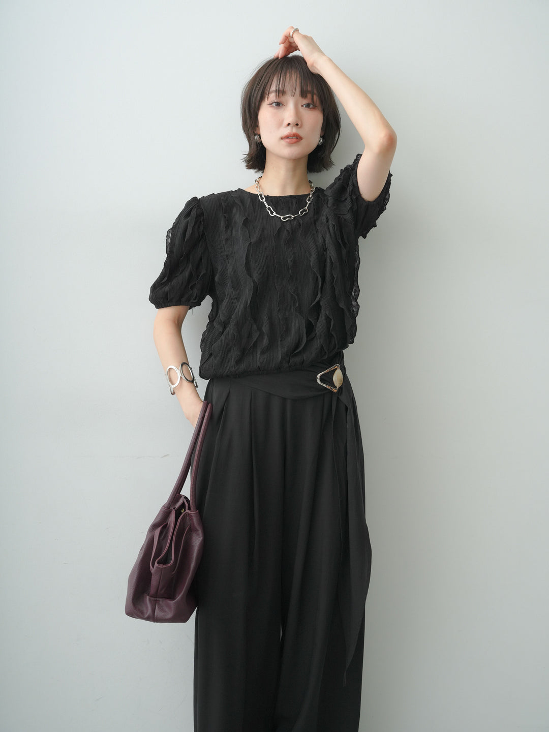 [予約]ウェーブフリルニットトップス/black