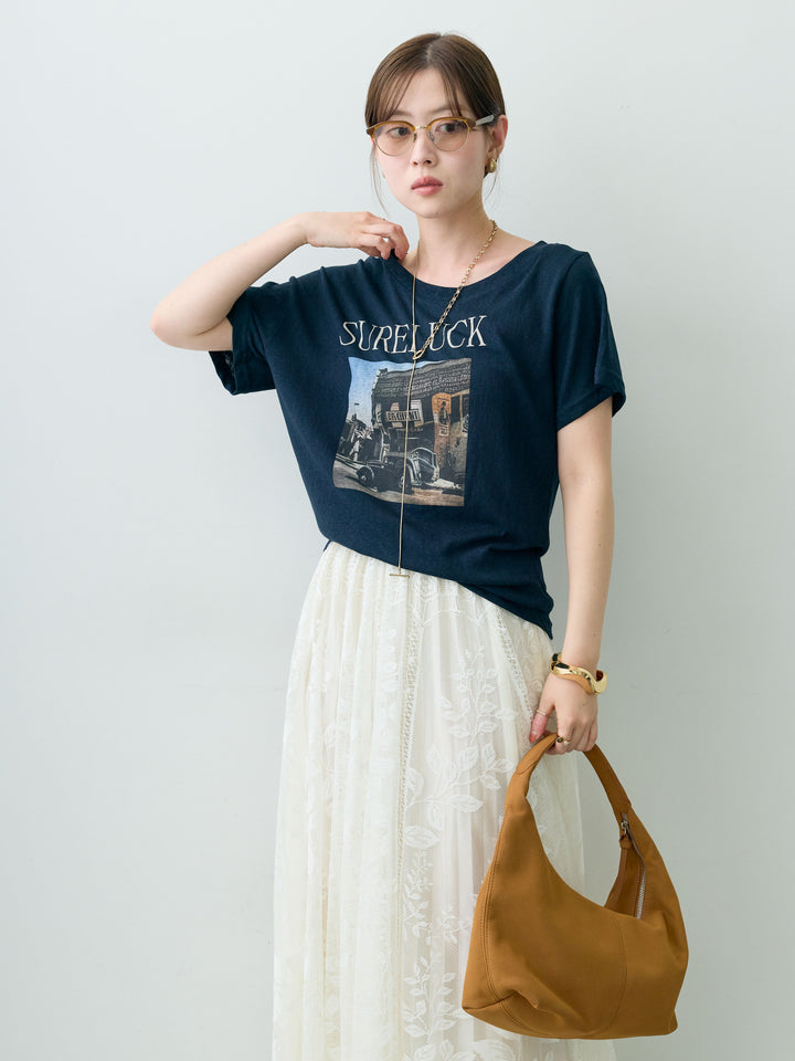 [SET]ワイドネックプリントTEE+ボタニカルパネルレースフレアスカート(2set)