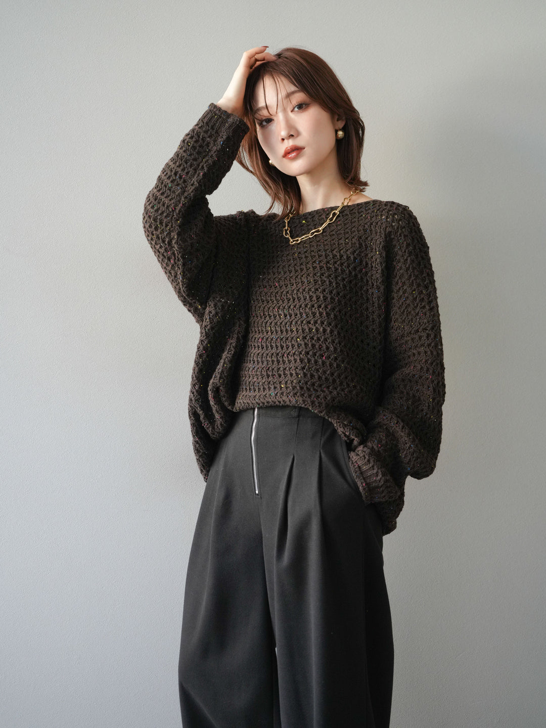 [予約]ネップ透かし編みオーバーニット/brown