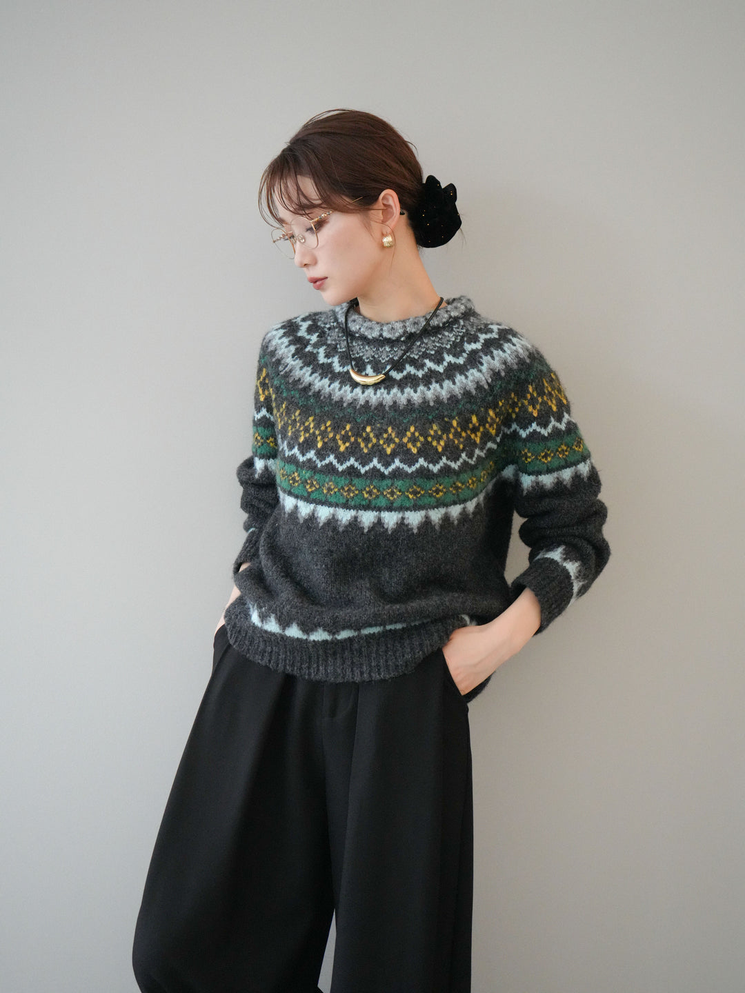 [予約]ウールタッチ求心柄オーバーニットプルオーバー/gray