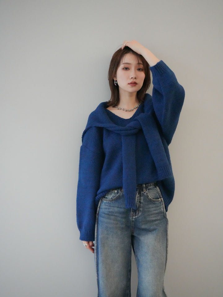 [予約]ストール付きVネックニットプルオーバー/blue