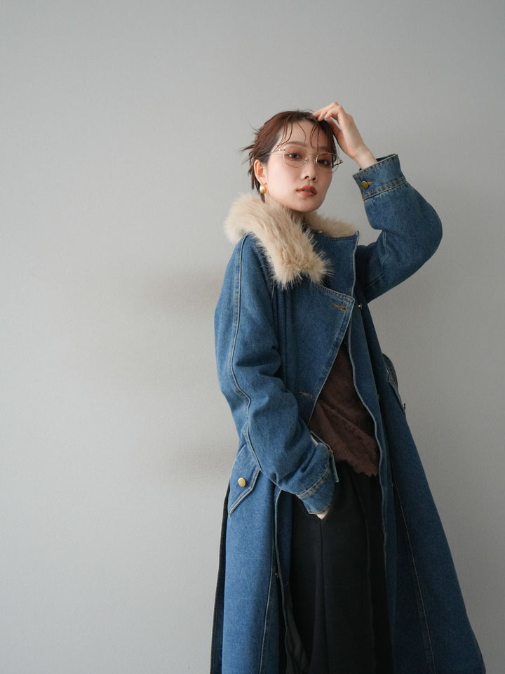 [予約]ファー襟デニムロングコート/blue