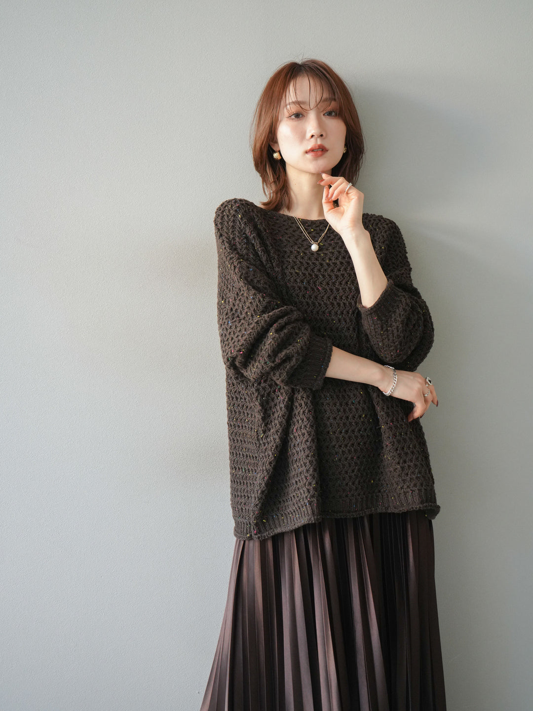 [予約]ネップ透かし編みオーバーニット/brown