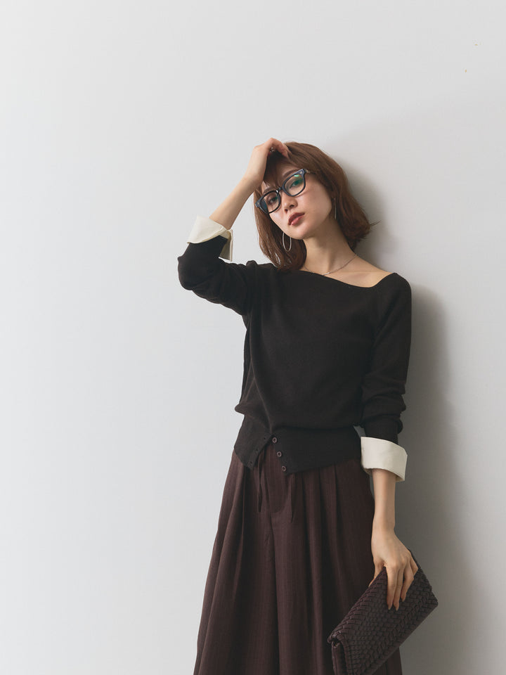 【Allure】[SET]シャツカフスフロントスリットニットプルオーバー+ウールライクストライプワイドパンツ(2set)