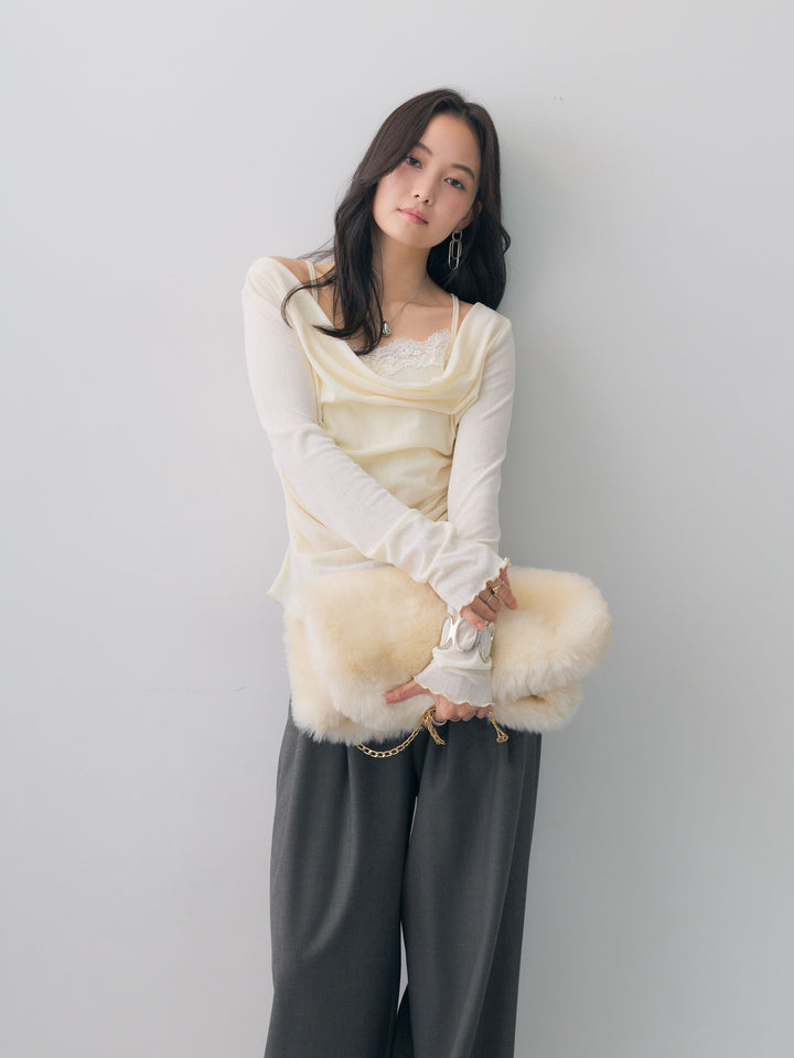 [SET]レースレイヤードデザインドレープシアートップス+ベルトデザインツータックドレープワイドパンツ(2set)