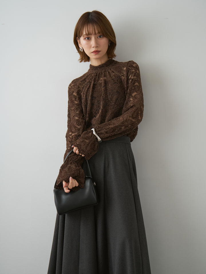 [予約]ベロアレースバックリボンブラウス/brown