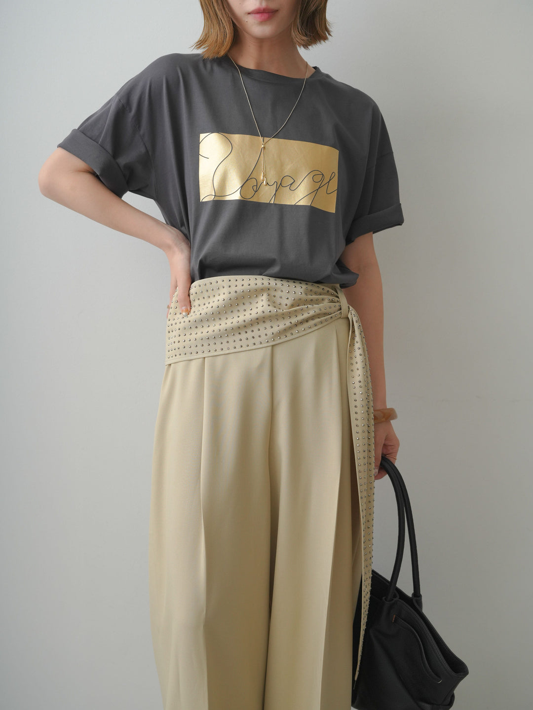 [SET]箔プリントボックスTEE+ビジューベルトタックワイドパンツ(2set)