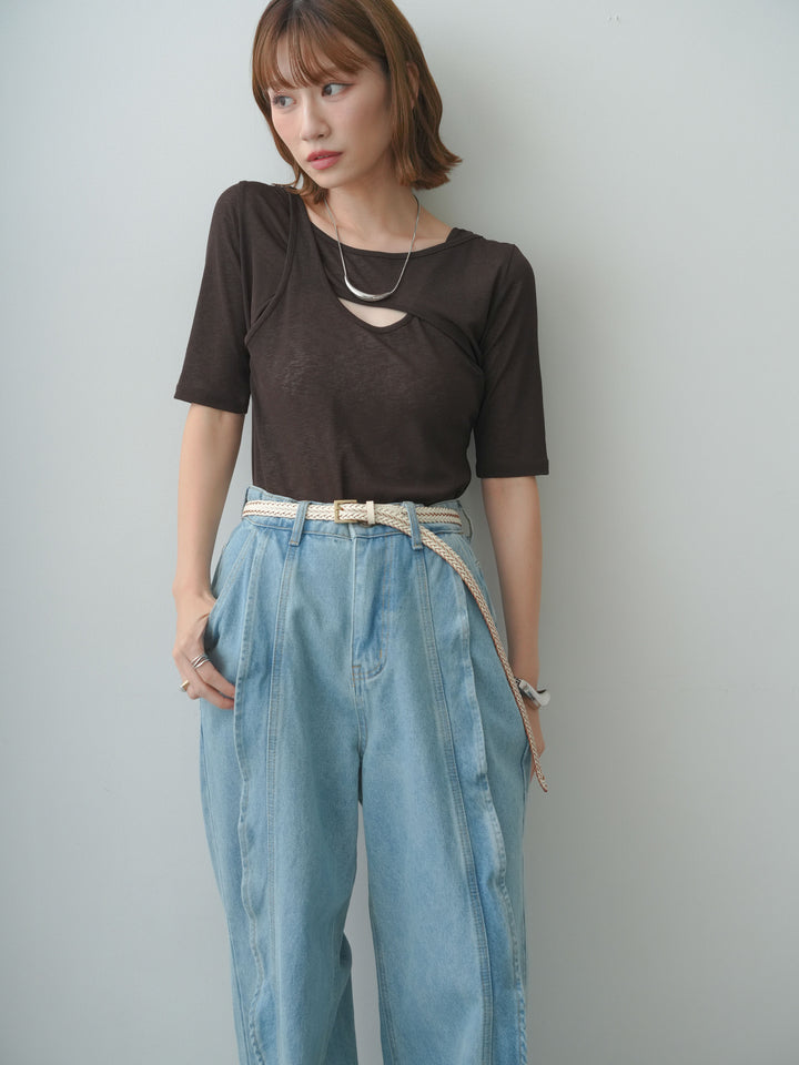 [SET]前後2wayシアーアシメレイヤード風TEE+フリルラインワイドデニム(2set)