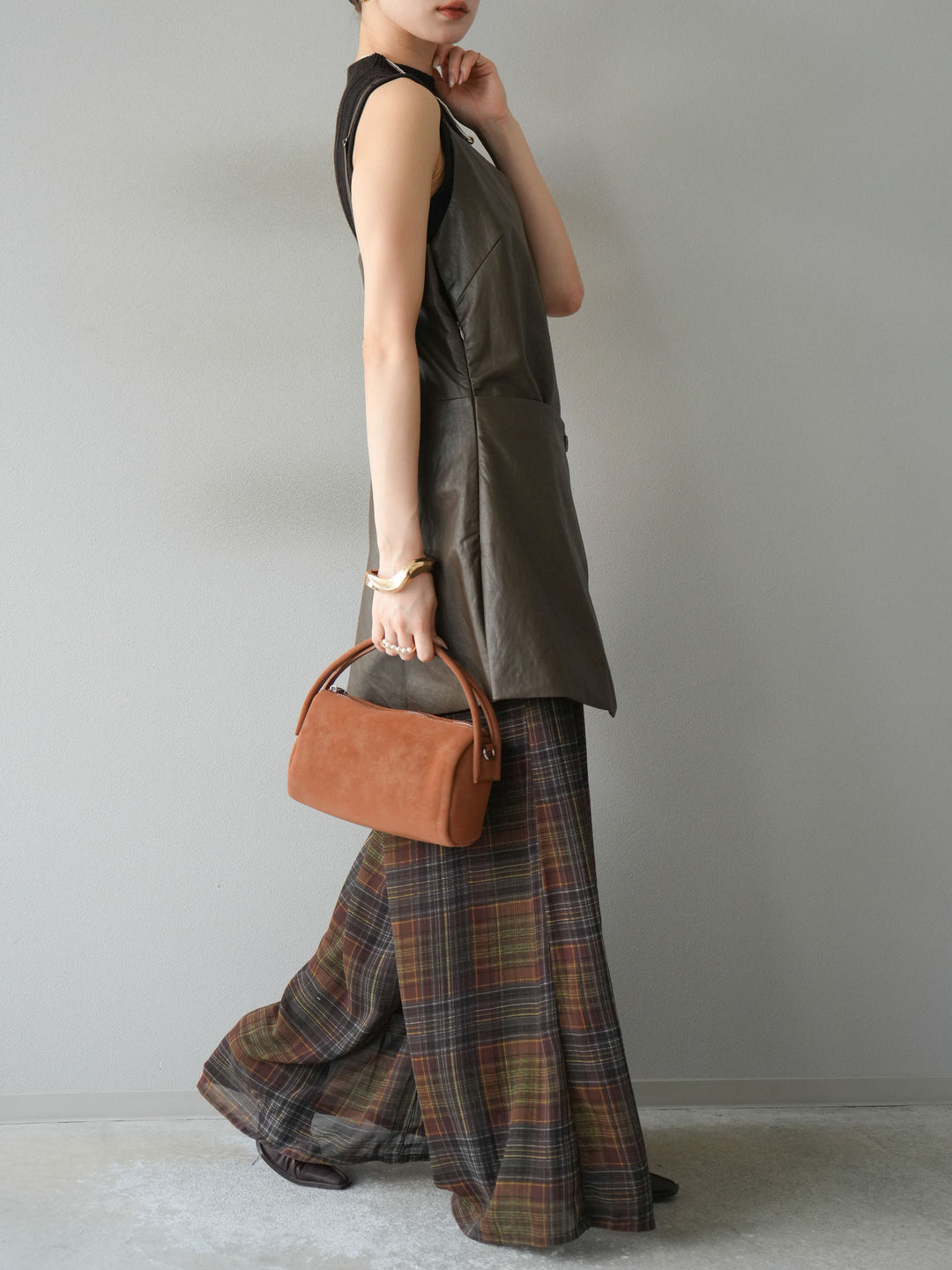 [予約]レイヤードレザーキャミソールチュニック/ブラウン