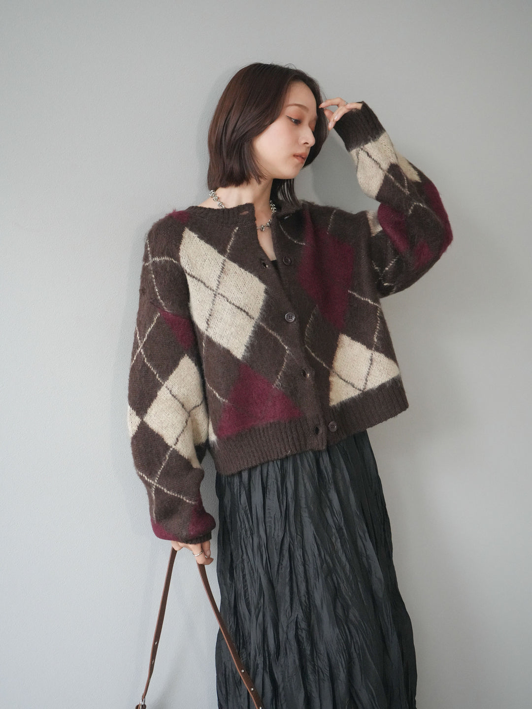 [予約]モヘアタッチアーガイルニットカーディガン/brown