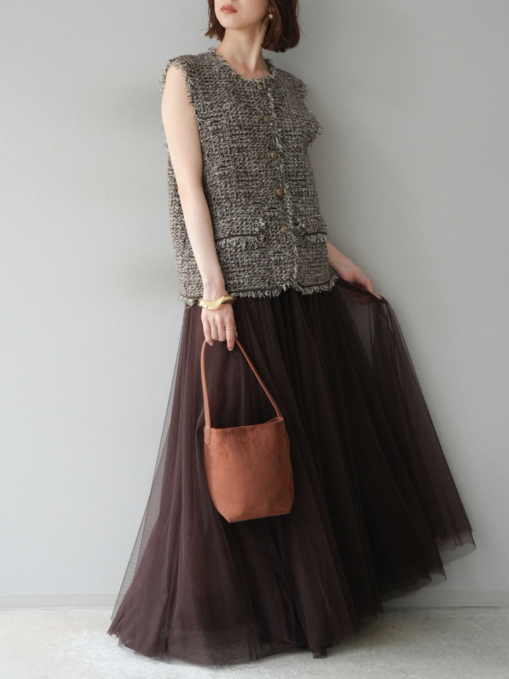 [予約]ミックスツイードフリンジニットベスト/ブラウン