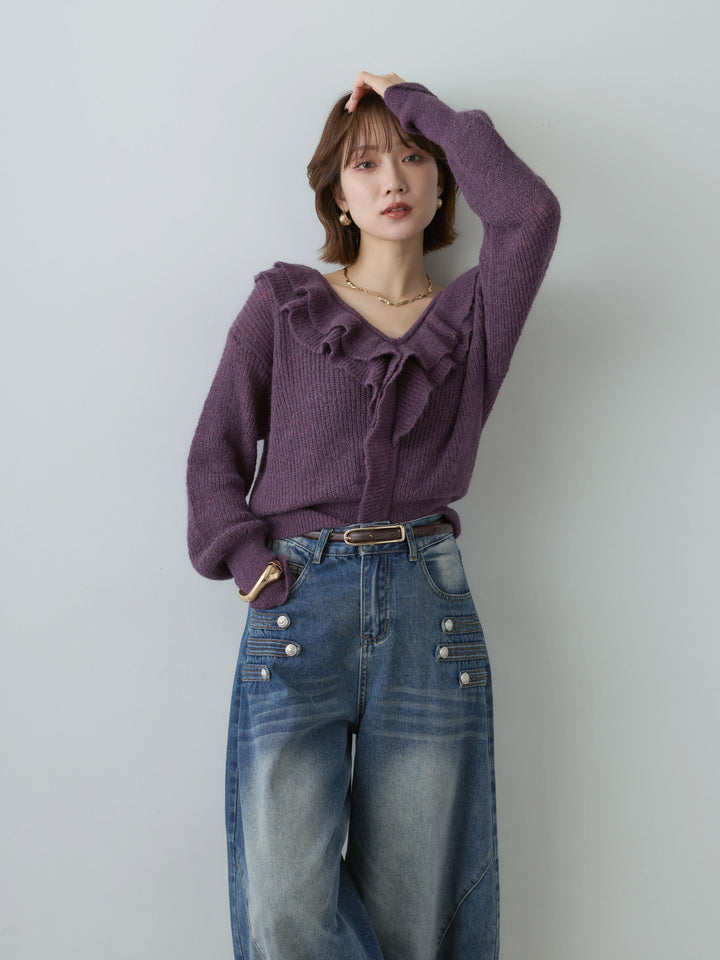 [SET]フリルネックモヘアニットトップス+フリルネックモヘアニットトップス(2set)