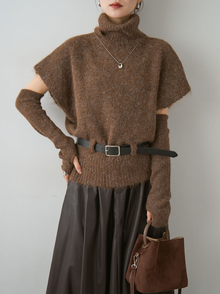 [予約]アームウォーマー付ベルテッドニットトップス/brown