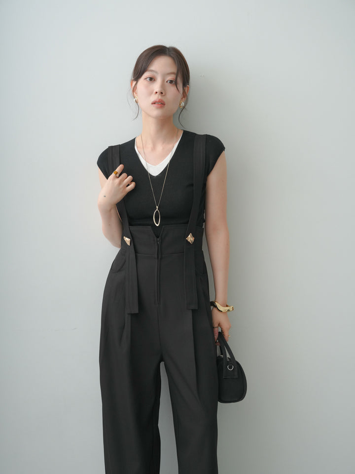 [予約]フロントレイヤードVネックニットトップス/black
