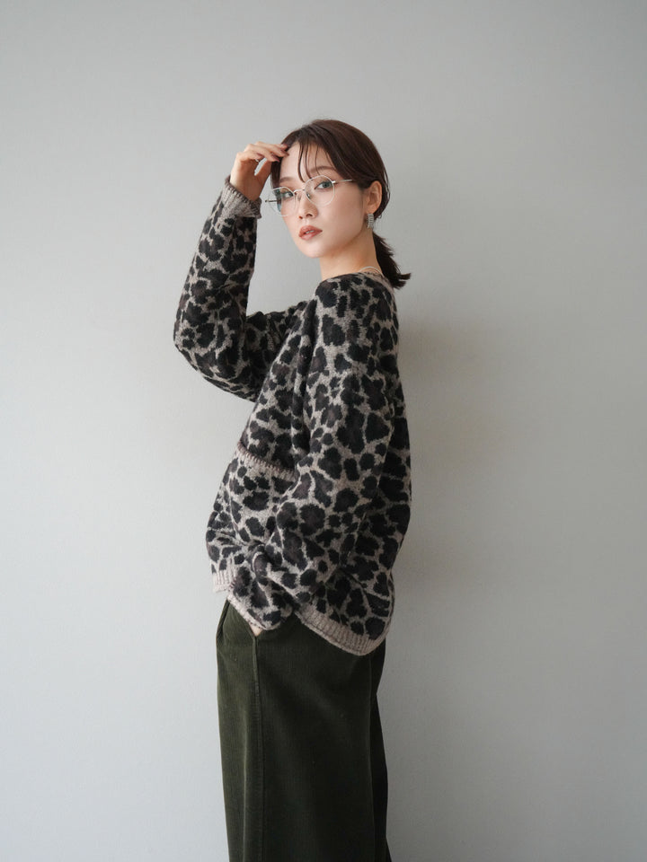 [予約]アニマル柄ステッチニットカーディガン/brown