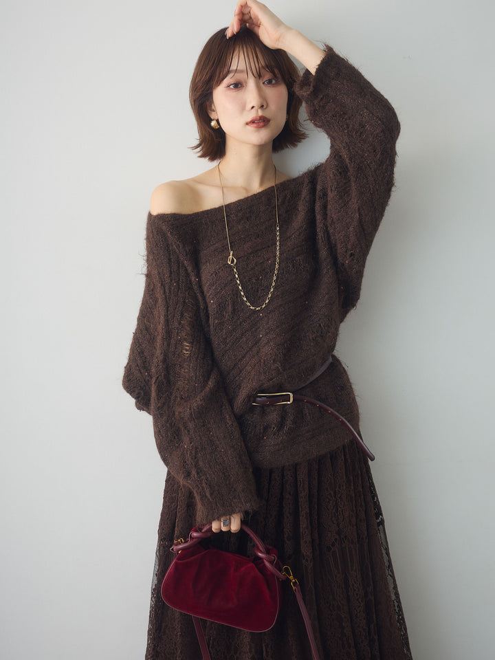 [予約]ミックス透かし編ワイドネックニットトップス/brown