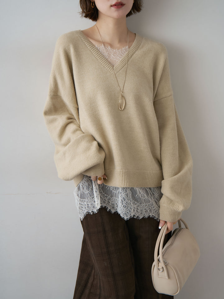 [予約]アルパカタッチレースドッキングVネックニットトップス/beige