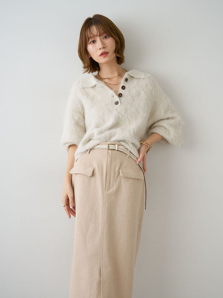 [SET]ヘンリーシャギーニットトップス+メルトンフラップ付ストレートスカート(2set)