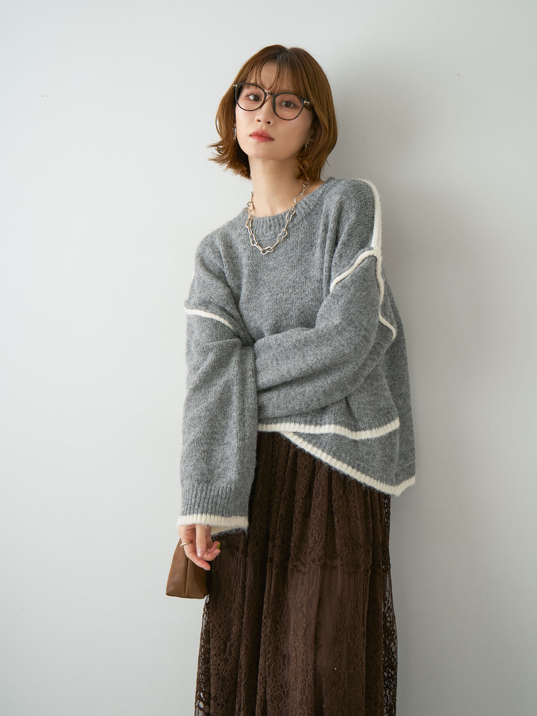 [予約]配色ラインデザインヘムニットプルオーバー/gray