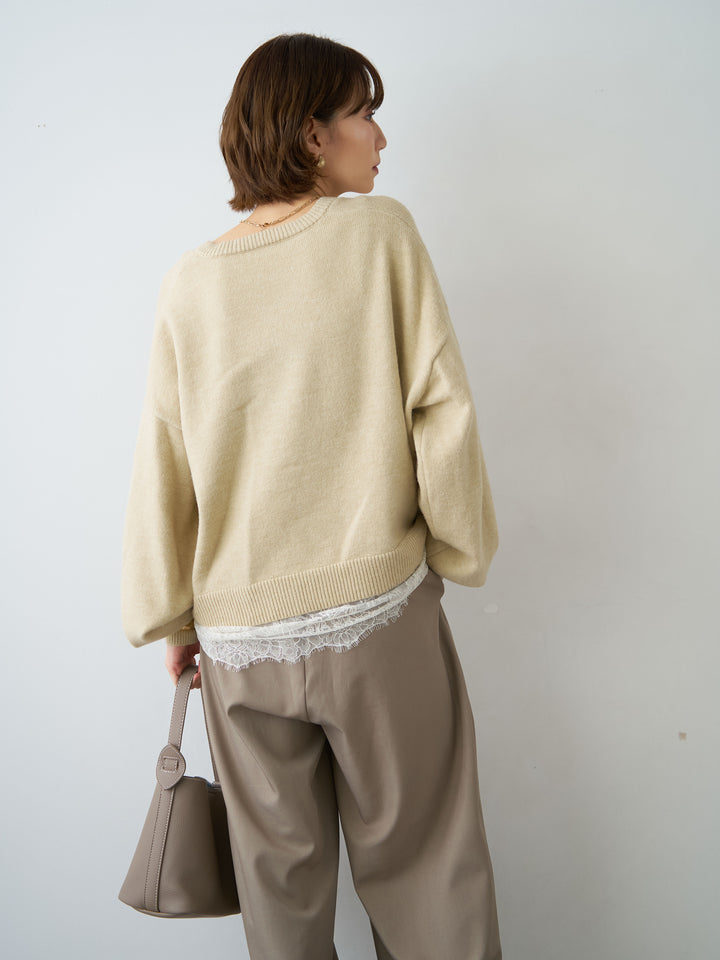 [予約]アルパカタッチレースドッキングVネックニットトップス/beige