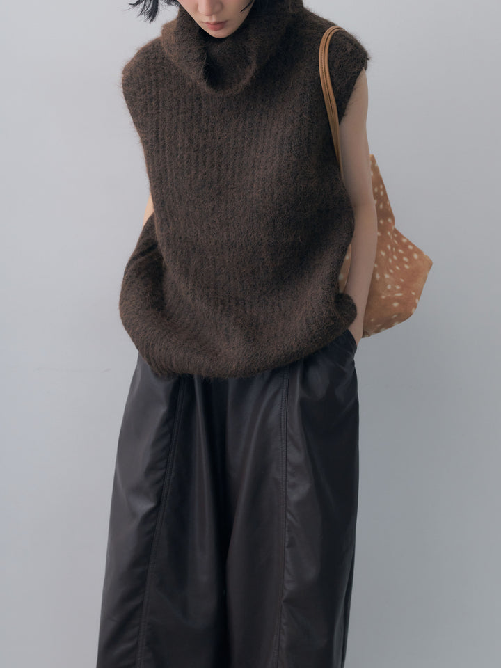 [予約]ハイネックシャギーオーバーニットベスト/brown