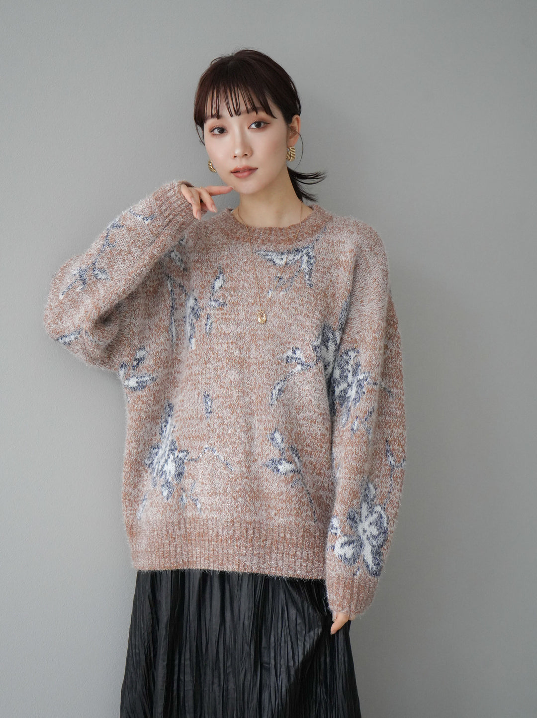 [預訂] 花提花金銀絲針織套頭衫/棕色