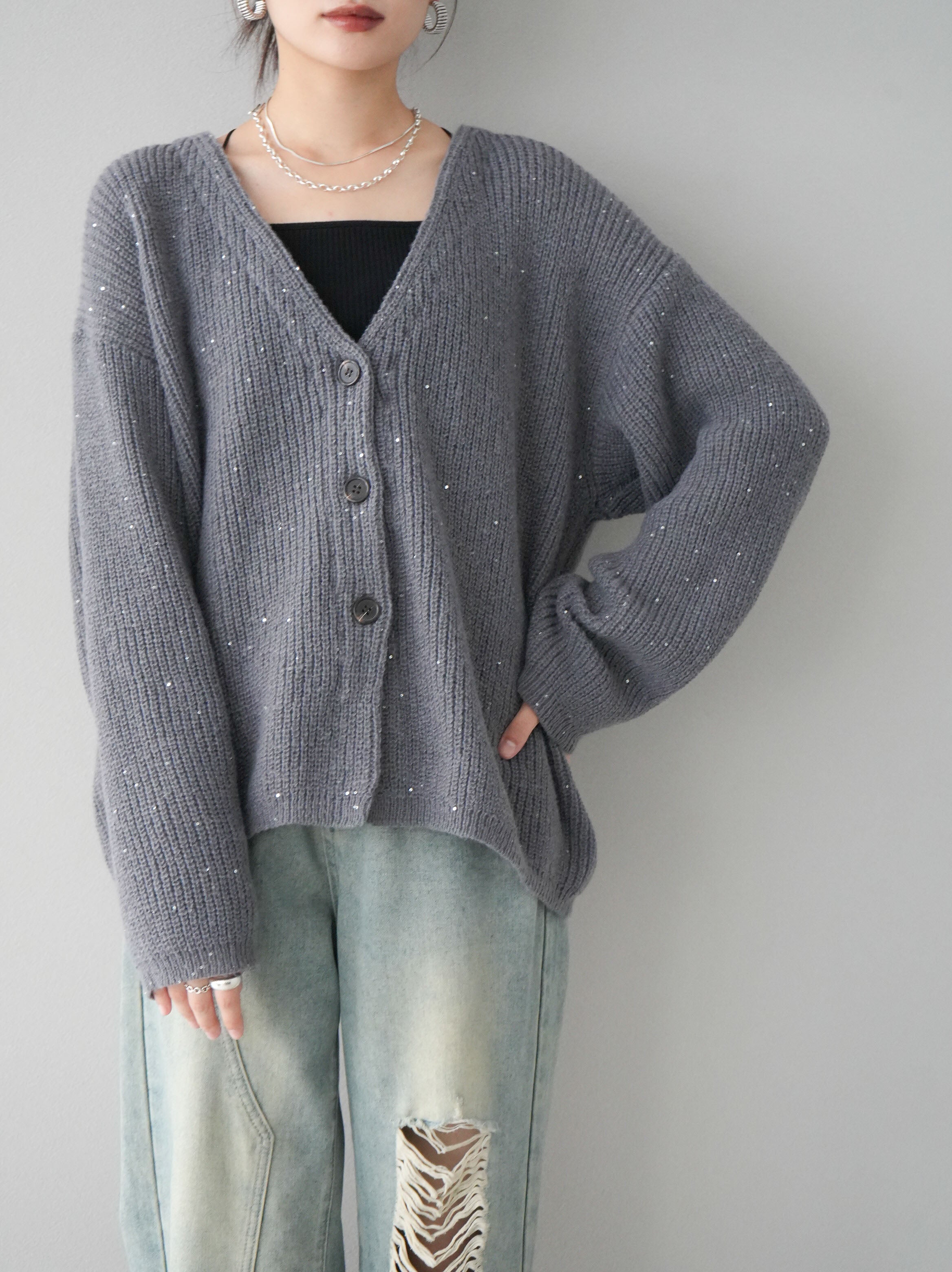 yukiemonスーちゃんプリント　グレーラメカーディガン yukiemonスーちゃんプリント グレーラメカーディガン 予約]あぜ