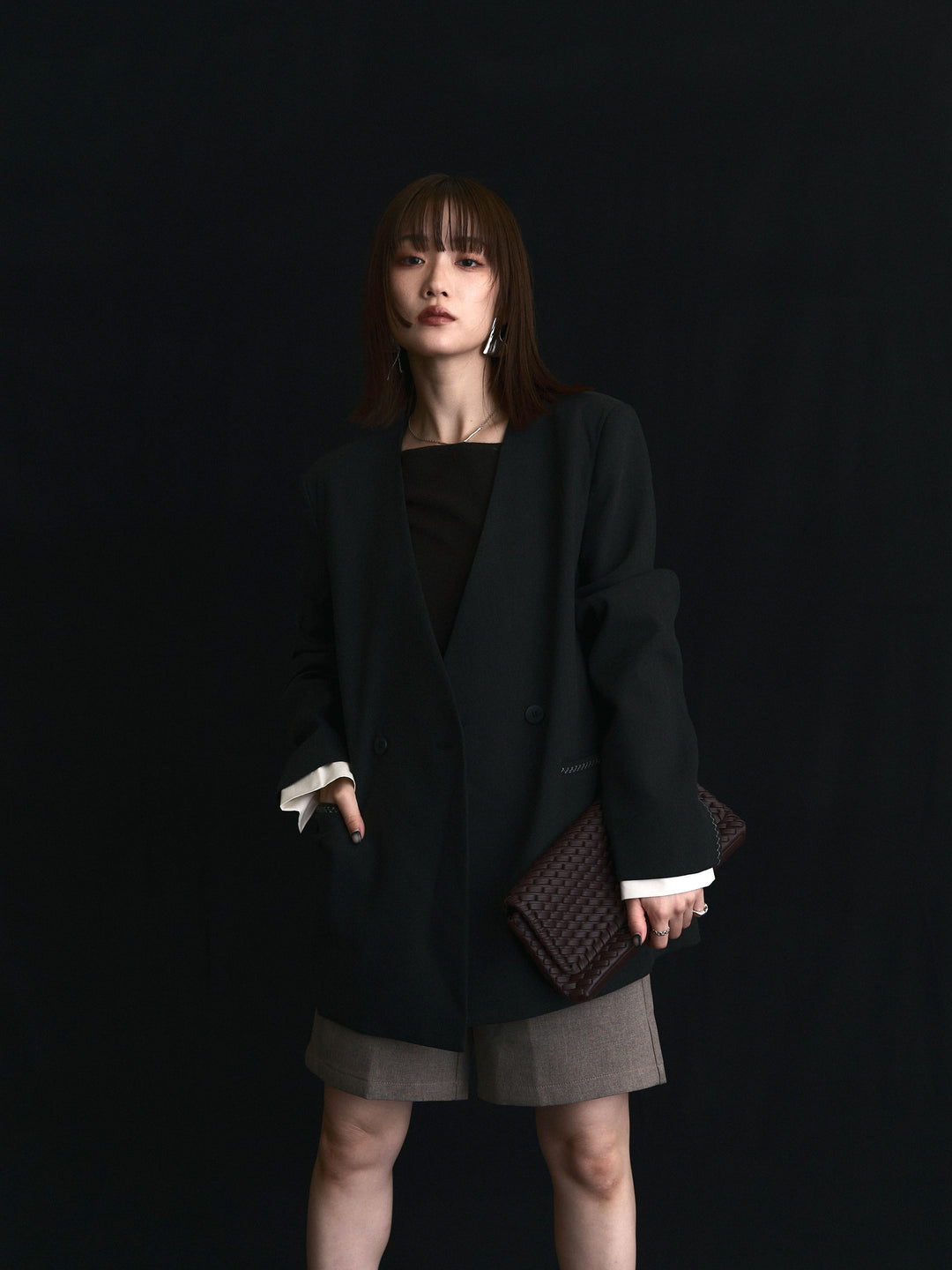 【Allure】[SET]シャツカフスフロントスリットニットプルオーバー+ノーカラーステッチデザインジャケット(2set)