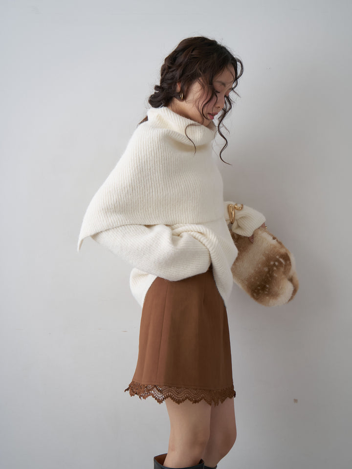 [予約]ケープドッキングデザインリブクルーネックニットトップス/ivory