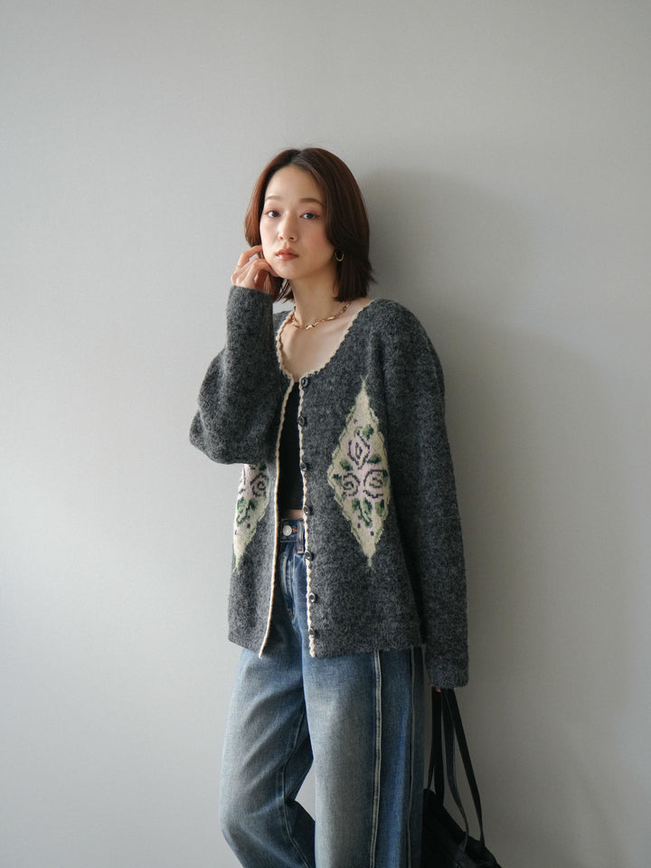 [予約]アンティークフラワージャガードニットカーディガン/charcoal