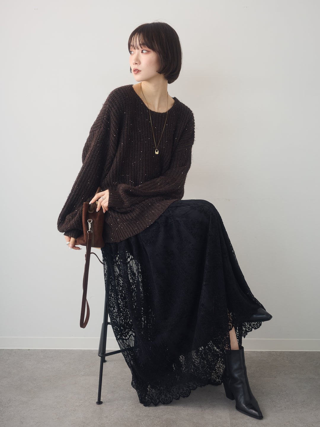 [予約]バルーンスリーブスパンリブニットトップス/brown